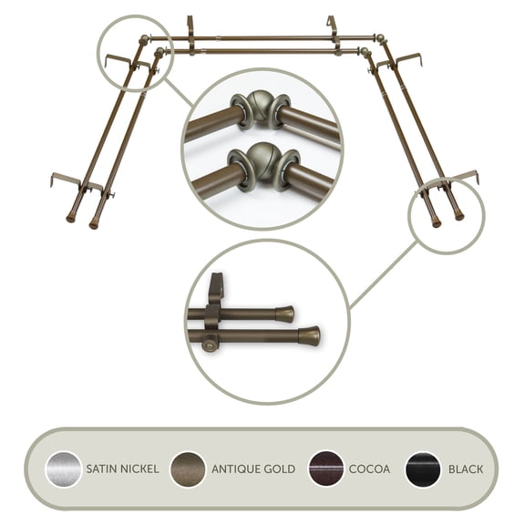 Domovina 5/8" Bay Window Double Curtain Rod-Color:Antique Brass