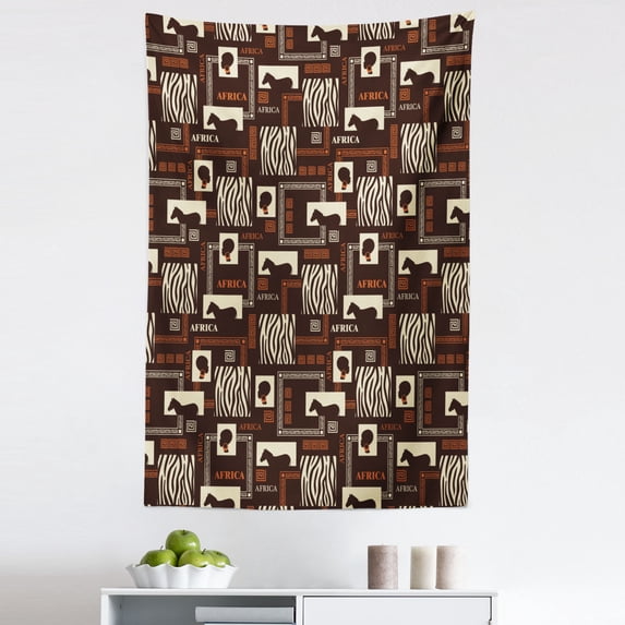 African Woman Tapestry, Female with Big Earrings Zebra Skin Pattern Wild Life Illustration, Fabric Wall Hanging Decor for Bedroom Living Room Dorm, 5 Sizes, Dark Brown and Beige, by Ambesonne