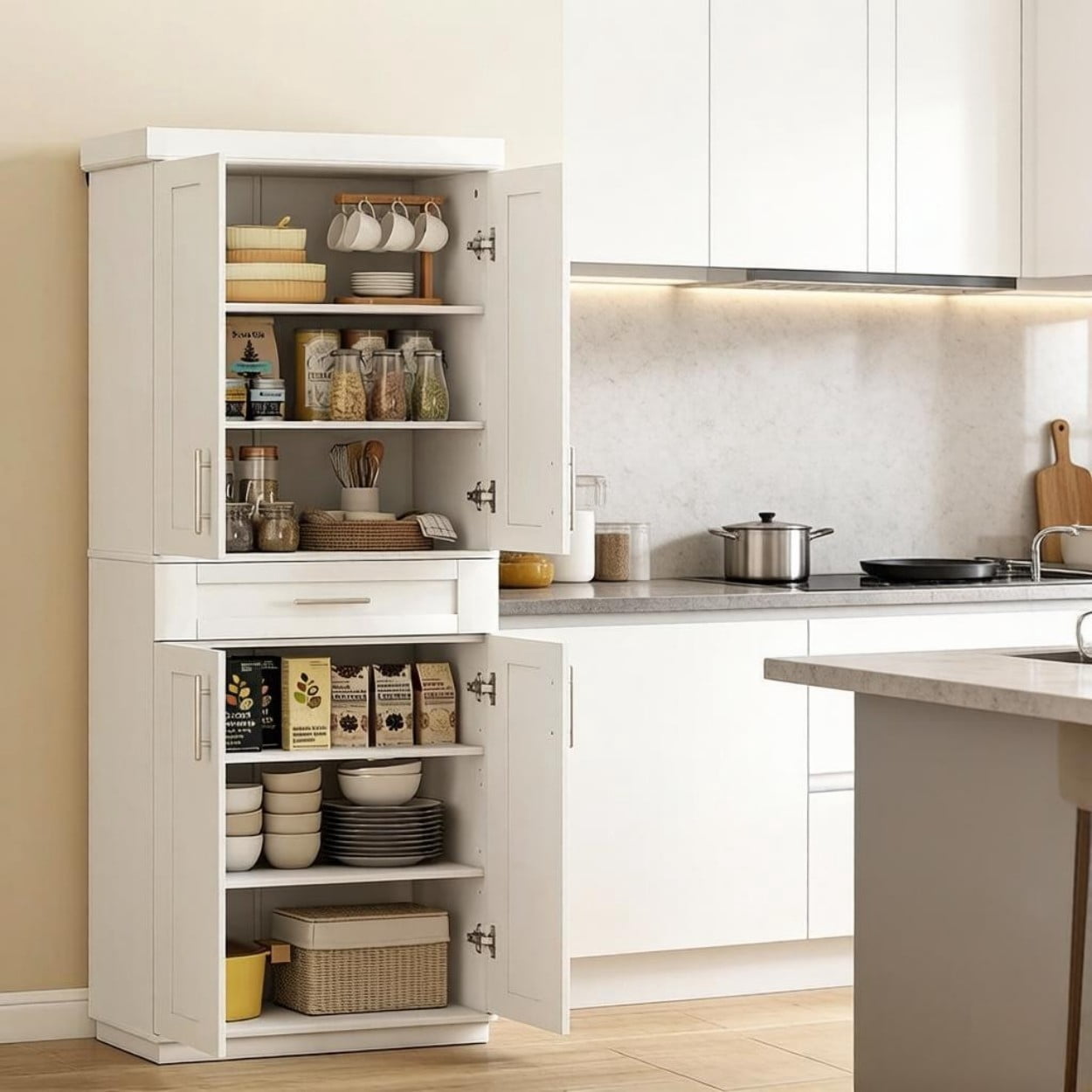 72" Tall Kitchen Pantry Cabinet with Drawer & Adjustable Shelves, Freestanding Storage Cabinet with Doors, Modern Farmhouse Cupboard Organizer for Kitchen Dining Room Living Room, White