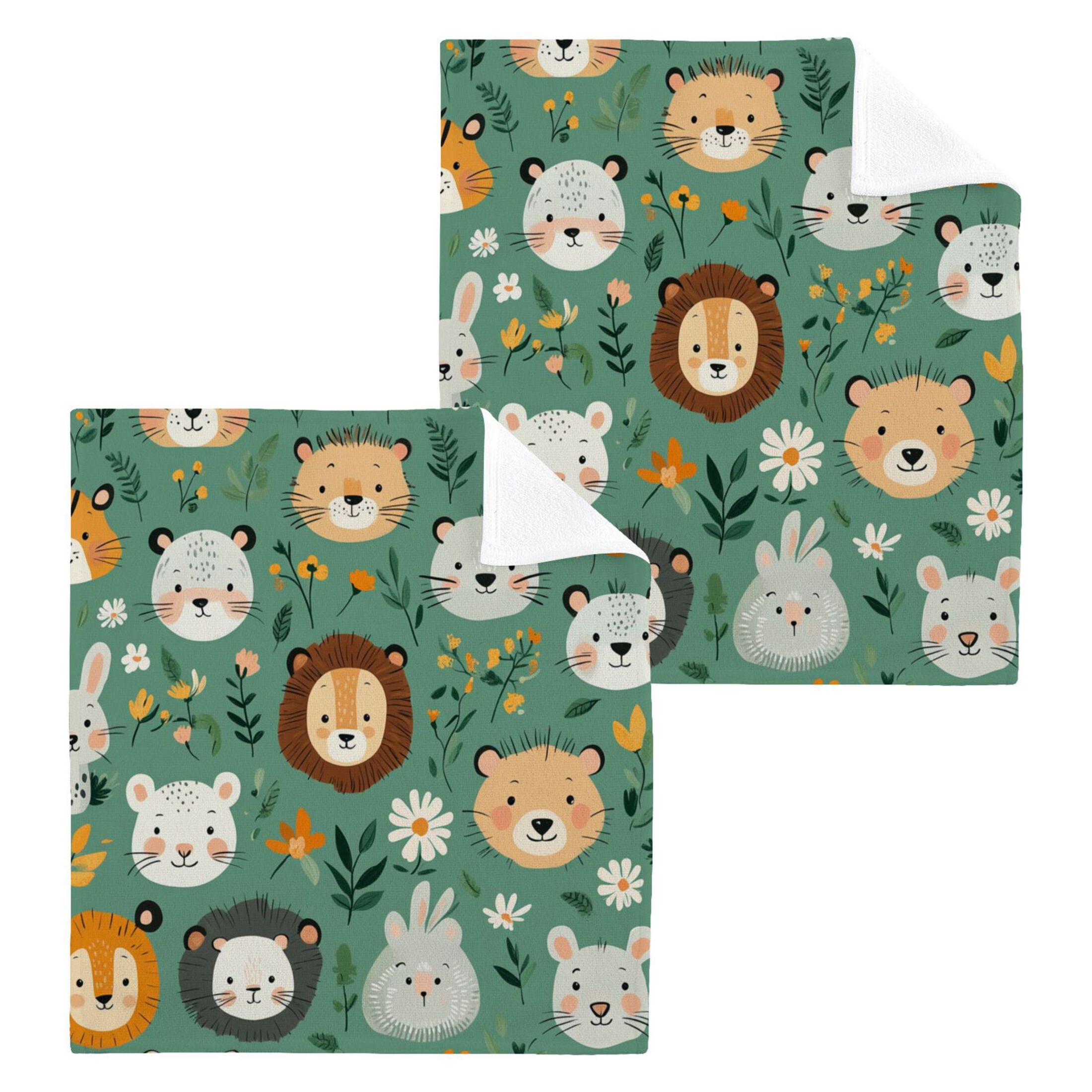 Wobogo Cute Animal Faces in A Seamless Jungle Pattern Square Cotton Towel Set of 6 Soft and Skin-friendly with Good Absorbency 12×12in