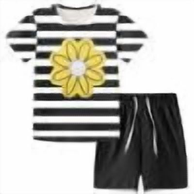 Girls Casual Shorts Set 2 Piece Summer Outfits Floral Strip Short Sleeve Shirt Shorts Casual Athletic Cute Clothes, Black, 8-9 Years