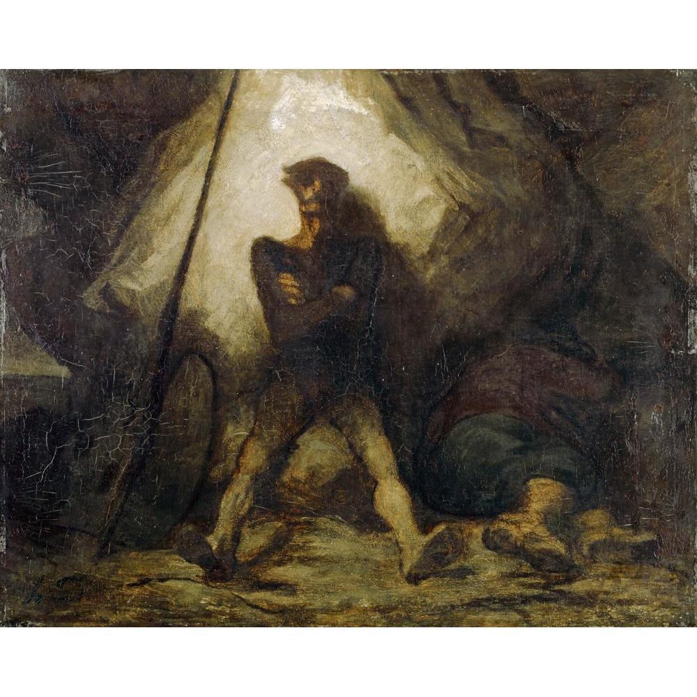 Honoré Daumier 14x12 Black Modern Framed Museum Art Print Titled - Don Quixote's Vigil (1855-1856)