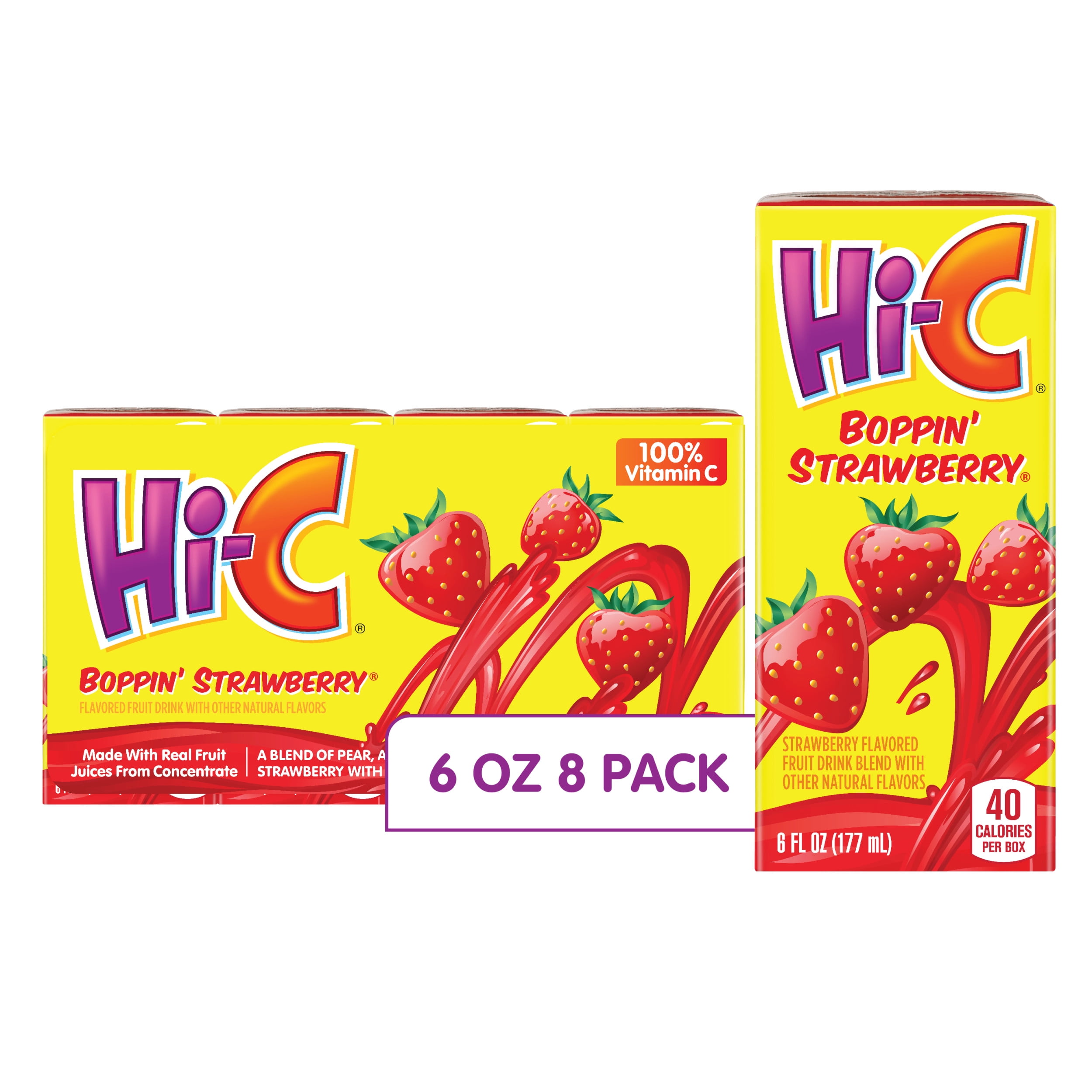 HiC 100 Vitamin C Boppin Strawberry Fruit Juice, 6 fl oz, 8 Juice