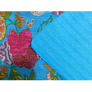 Indian Kantha Quilt Turquoise Floral Print Kantha Throw Queen Size Cotton Quilt Kantha Bedspread Indian Blanket Kantha Bed Cover Queen Size Quilt