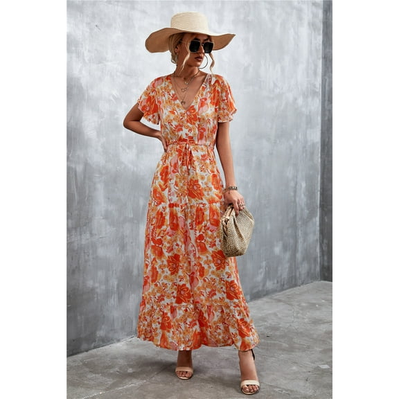 Floral Buttoned Drawstring Waist Tiered Dress