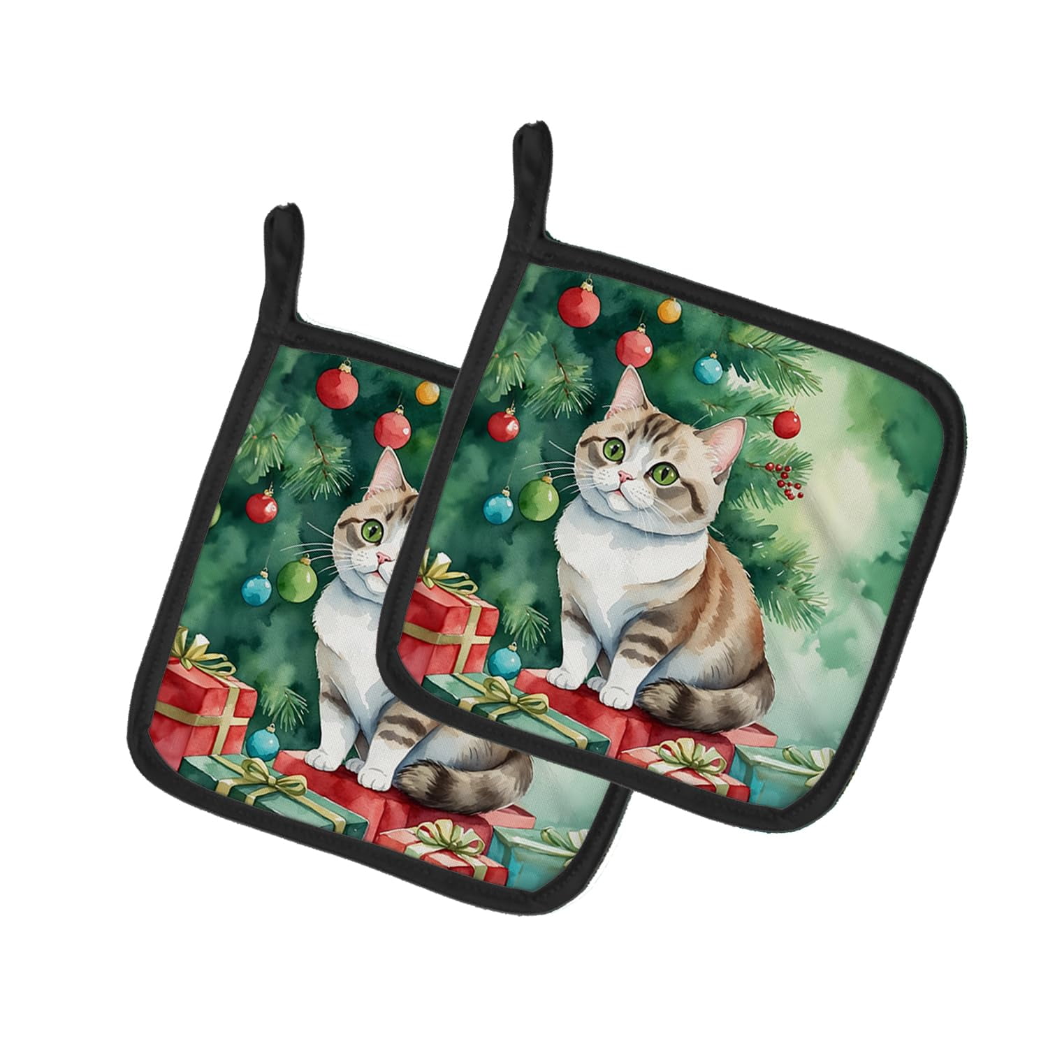 Caroline's Treasures Munchkin Cat by The Christmas Tree Pair of Pot Holders Kitchen Heat Resistant Pot Holders Sets Oven Hot Pads for Cooking Baking BBQ, 7 1/2 x 7 1/2