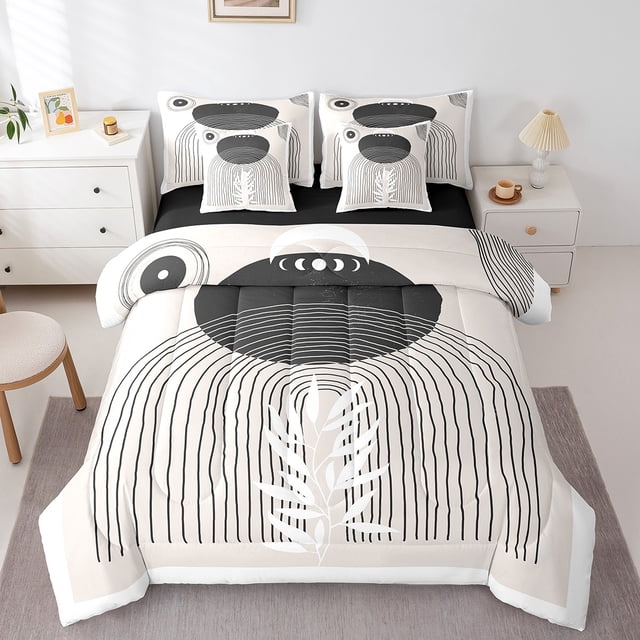 YST Mid Century Abstract 7-Piece Bedding Set Geometric Aesthetic Grey Black Comforter Set, Queen Size