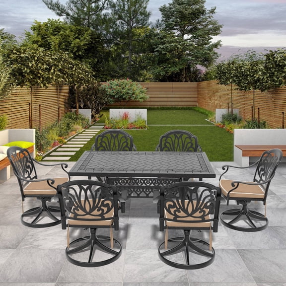 7-Piece All-Weather Cast Aluminum Patio Dining Set - 6 Swivel Chairs & Rectangular Table, Black Frame, UV/Corrosion Resistant, Comfortable Cushions Included for Garden & Outdoor Use