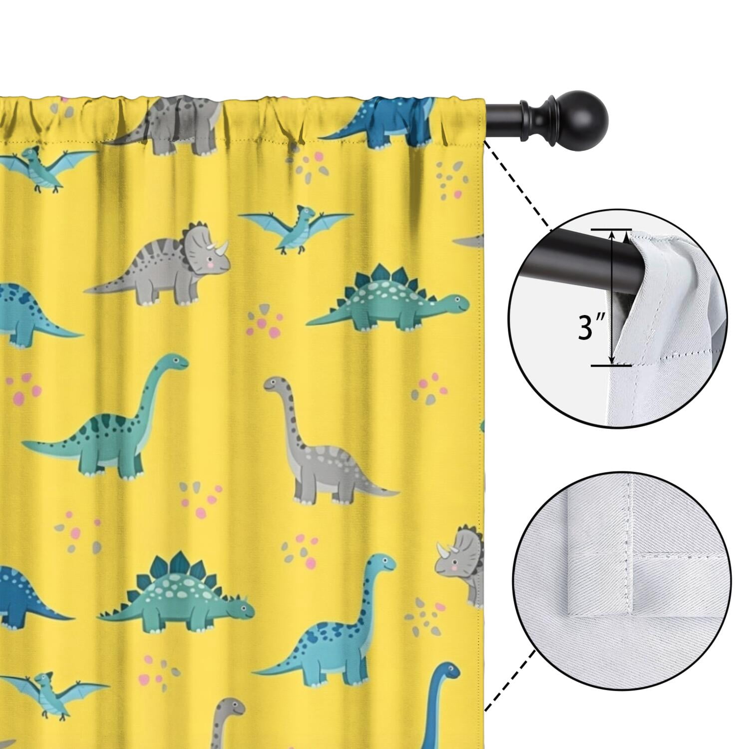 Blackout Kids Curtains,Yellow Cartoon Dinosaurs Pattern Childrens Insulated Curtains Set Of 2,Bedroom Essentials,Toddler Room Decor 42"x84"