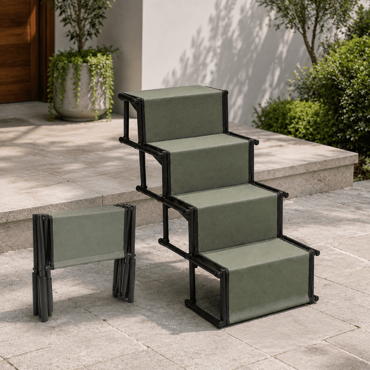 Green 4-Step Foldable Pet Stairs Ramp Supports Up To 132 Lbs For SUV Truck Bed Couch