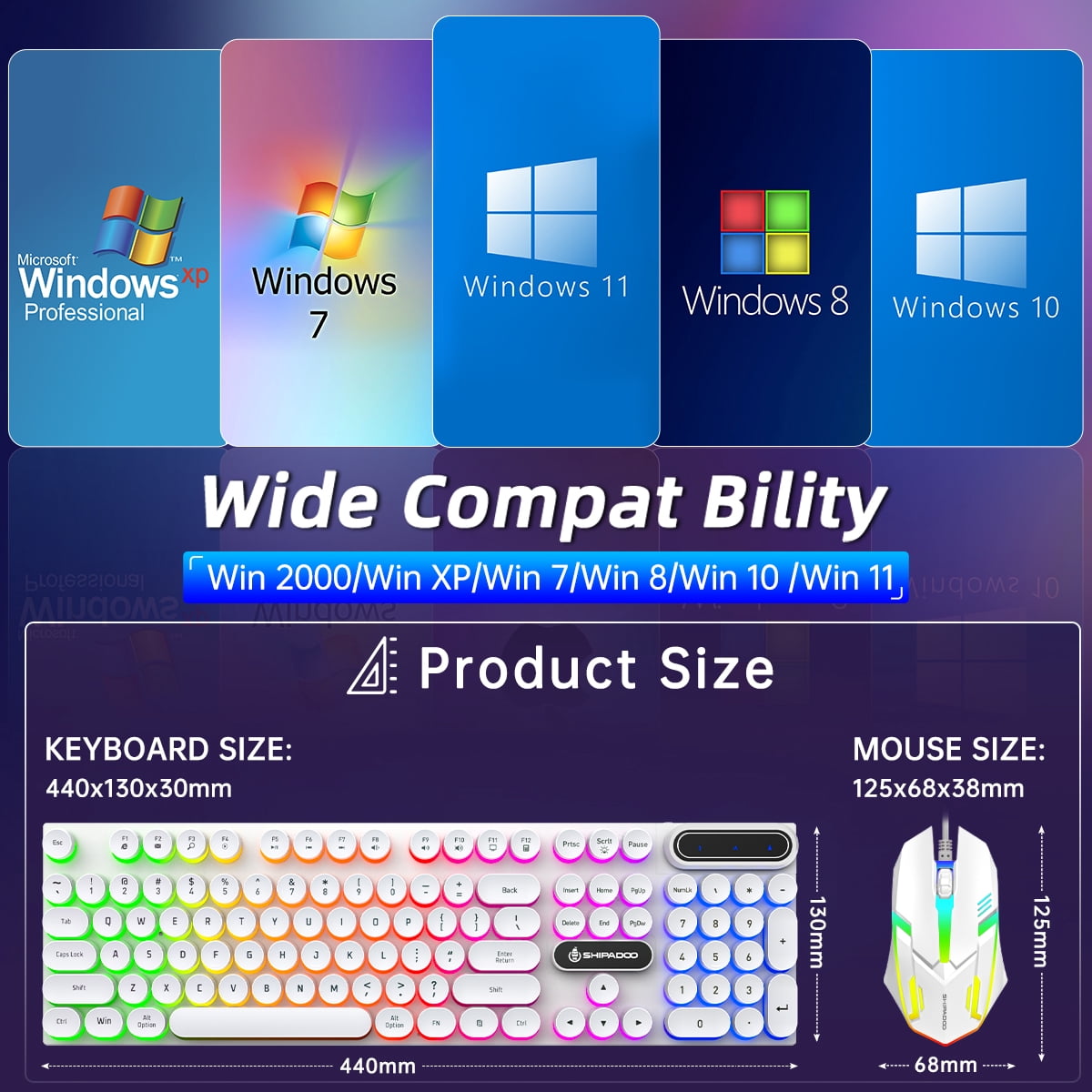 Wired Keyboard & Mouse Combo, Retro Punk RGB Backlit Gaming Keyboard and Mouse W/Multimedia and Shortcut Keys, PC Gaming Keyboard, Office Keyboard for Working or Primer Gaming, Office Device, White