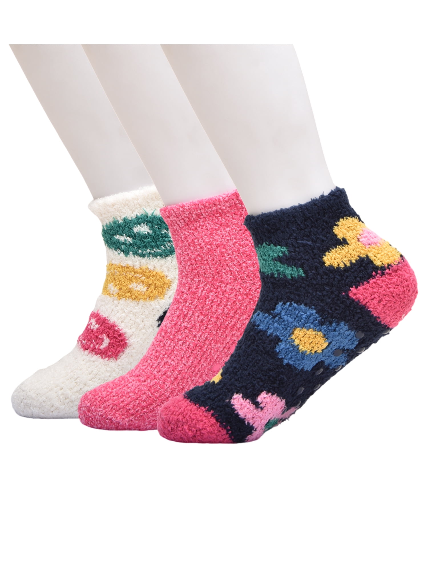 Wonder Nation Girls Flower Icon Cozy Ankle Socks, 3-pack, Size Large (Shoe Size 3-9)