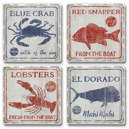Catch of the Day Blue Crab Lobster Snapper Mahi Tumbled Stone Coasters Set of 4, Measures 4 x 4 x 1/2 inches each By Highland (Best Way To Catch Mahi Mahi)