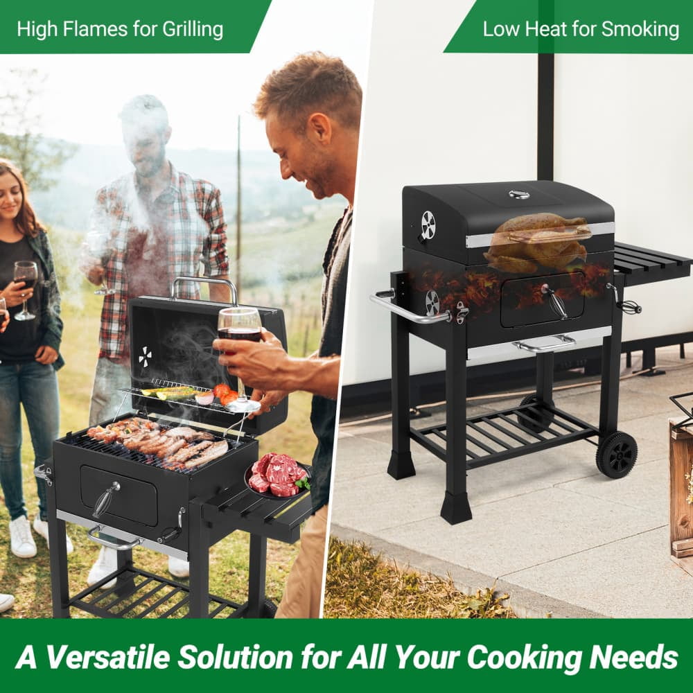 Hassch Outdoor Charcoal Grill with 2 Wheels, Heavy Duty Cooking Grill with Foldable Side Table, Hanging Hooks and Storage Shelf for Picnic, Party, Camping, Black