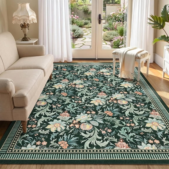 5x7 Ft Washable Non Slip Low Pile Area Rug for Living Room Floral Green