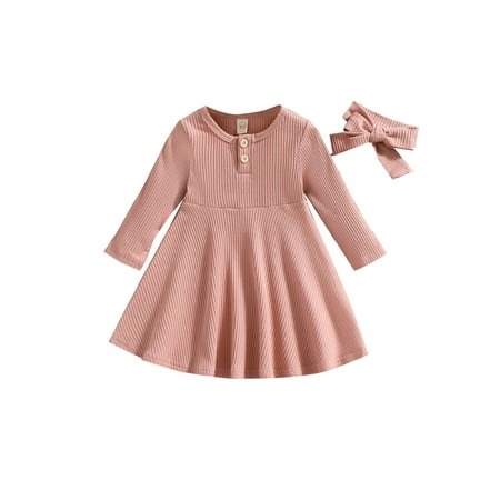 

Qiylii Toddler Baby Girls Ribbed Dress Solid Color Long Sleeve Dress Headband