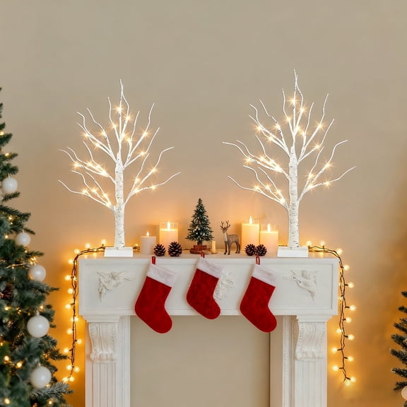 FoikYoik Christmas Tree Lamp Decoration 2FT Birch Tree with Lights 24 LED Fairy Light Table Decor 2 Pack for Christmas Indoor Wedding DIY