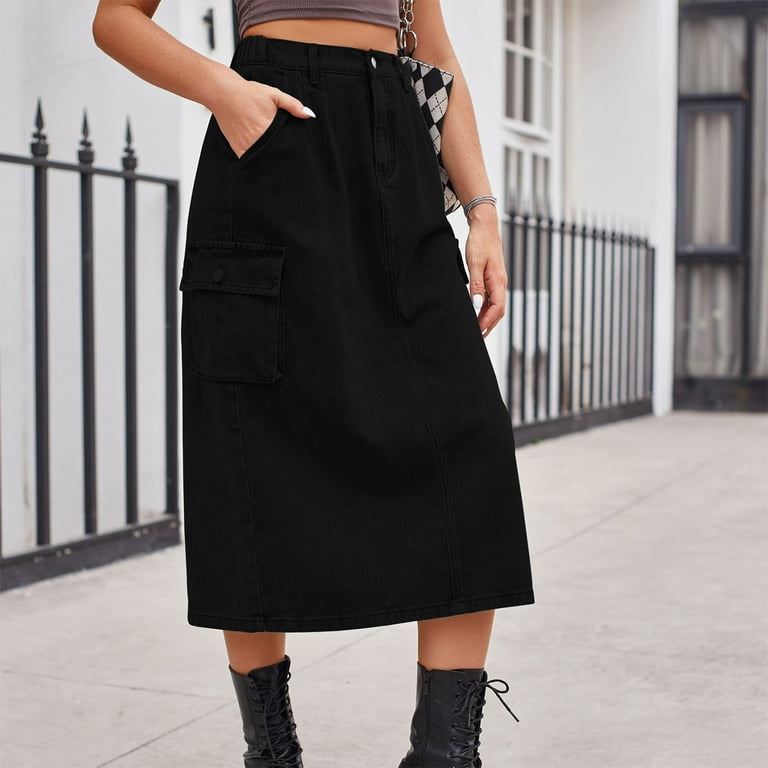 JNGSA Long Denim Skirts for Women Maxi High Waist A-Line Jean Skirt with  Pockets Summer/Fall Stretch Midi Skirt Black 