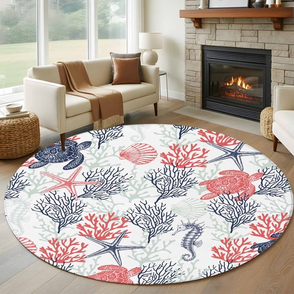 Blue Red Coastal Round Area Rug 6 FT, Non Slip Bedroom Area Rug, Sea Turtle Nautical Coral Summer Beach Washable Soft Circular Carpet Floor Mat for Kitchen Dining Room Home Office Kids Room