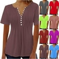 thumbnail image 3 of WREESH Women's Solid Color V-Neck Button Short Sleeve Henley Shirt Fashion Casual Summer Blouse Wine, 3 of 4