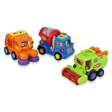 CifToys Friction Powered Push and Go Car Toys for Boys - Construction Vehicles Toys for 1 Year Old Boys (18 Months+) Toddlers Street Sweeper Truck, Cement Mixer Truck, Harvester Toy (Best Car Toys For 18 Month Old)