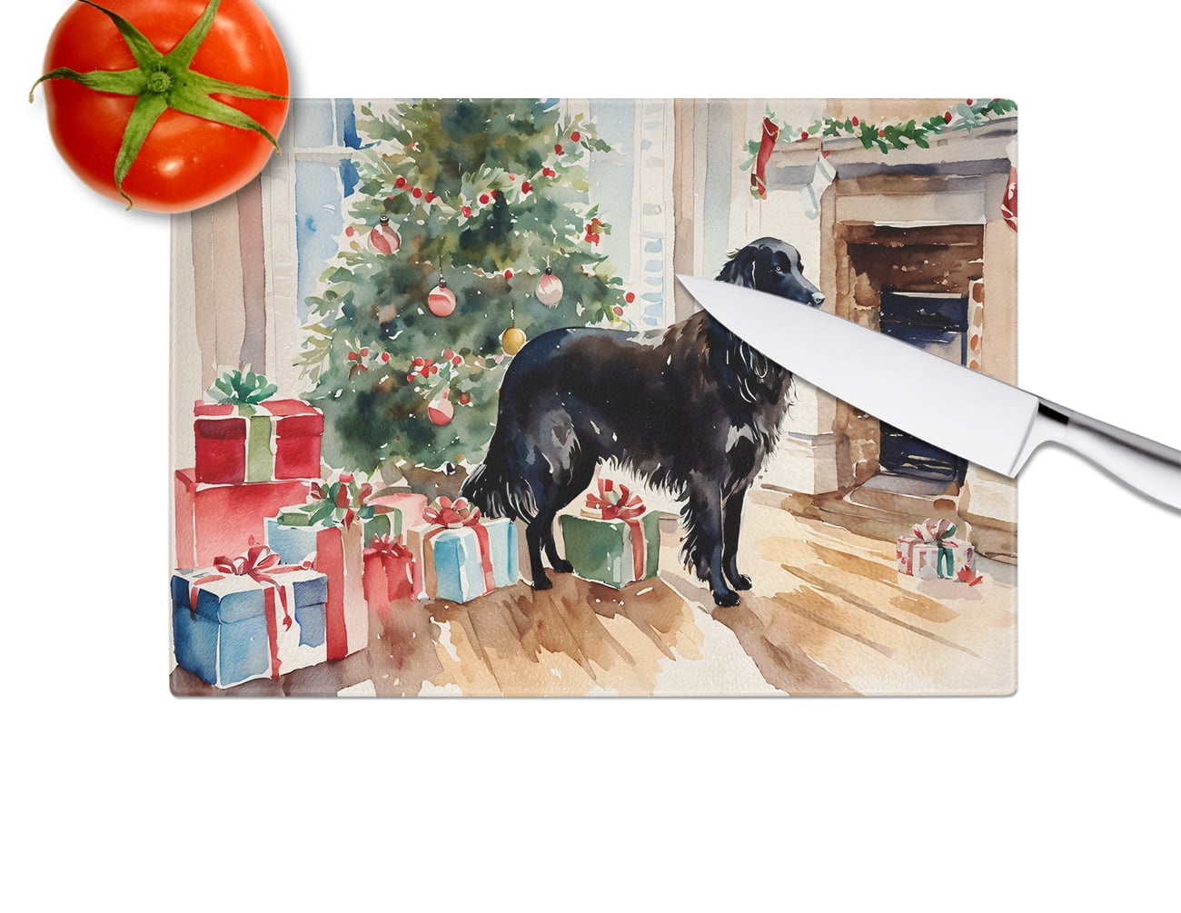 Flat-Coated Retriever Cozy Christmas Glass Cutting Board Large 12 in x 15 in