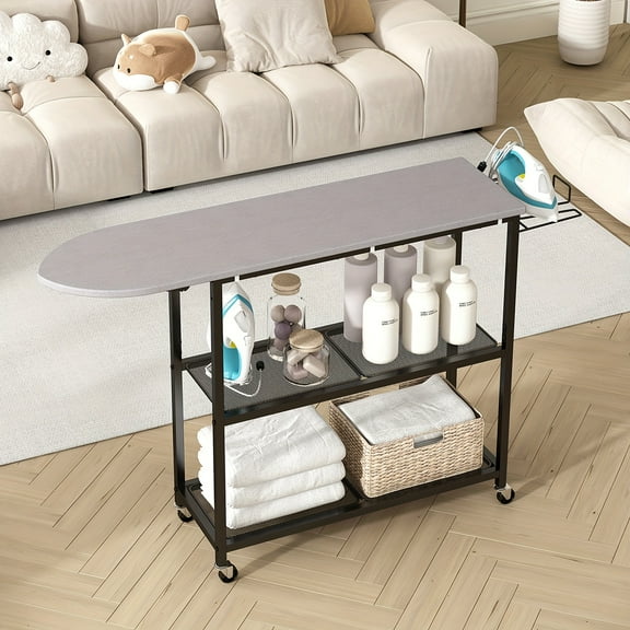 3-Tier Rolling Ironing Board Cart with Shelves - Mobile Storage Organizer for Laundry Room, Bedroom & Patio - Gray Top, Black Frame