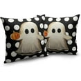 thumbnail image 2 of Halloween Pillow Covers 16x16 Ghost with Pumpkin Throw Pillow Covers White Polka Dot Black Cushion Case for Halloween Decorations Living Room Sofa Outdoor, 2 Pack, 2 of 5