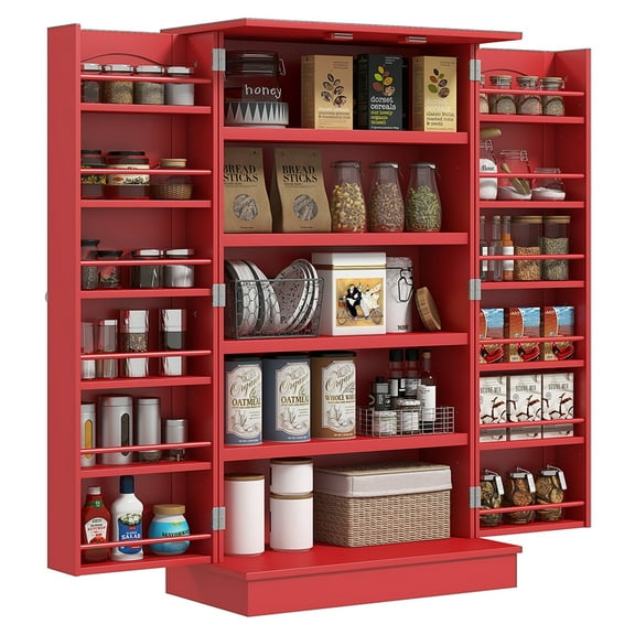 41" Kitchen Pantry Storage Cabinet, Freestanding Kitchen Cabinet with 12 Door Shelves, Double Doors, 5-tier Shelving and Adjustable Shelves, Red