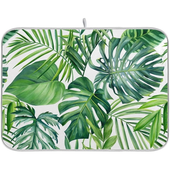 Tropical Palm Leaves Dish Drying Mat for Kitchen Counter Green Monstera Leaf Absorbent Microfiber Drying Pad, Large 18x24 in, Reversible Drainer Mats