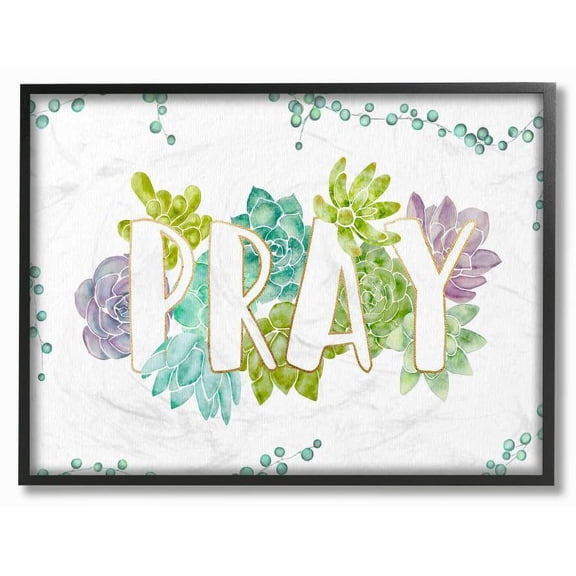 Stupell Industries Pray Succulent Flowers Green Purple Watercolor Painting Framed Wall Art by Ziwei Li