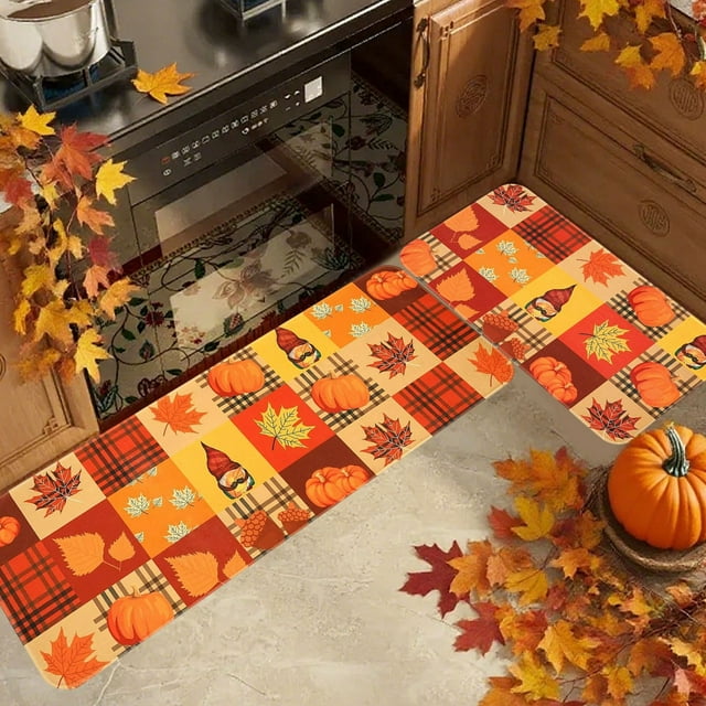 RXIRUCGD Fall Pumpkin Maple Leaf Floor Mat Two Piece Set Halloween Thanksgiving Decorative Floor Mat Bathroom Kitchen Mat Porch Carpet Long Strip Foot Mat Entrance Mat