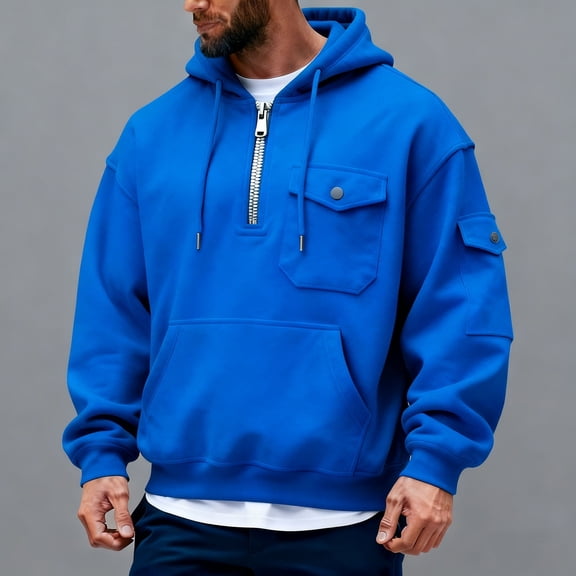YueHuiYing Men's Fashion Hooded Quarter-Zip Midweight Long Sleeve Drawing Pocket Workwear Pullover Top