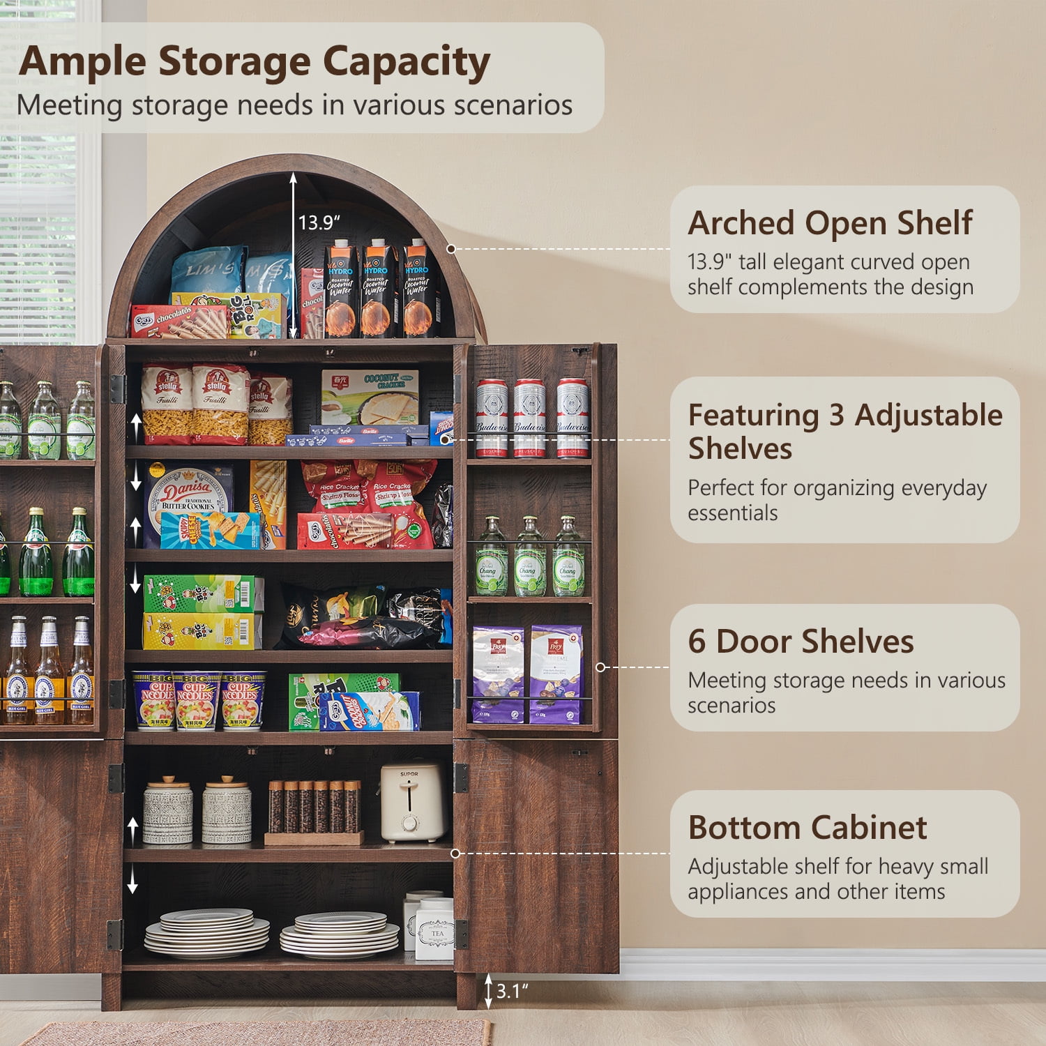 IFGET 71" Tall Arched Kitchen Pantry Storage Cabinet, Large Storage Cabinet with Adjustable Shelves, Pantry Cabinet for Kitchen, Dining Room