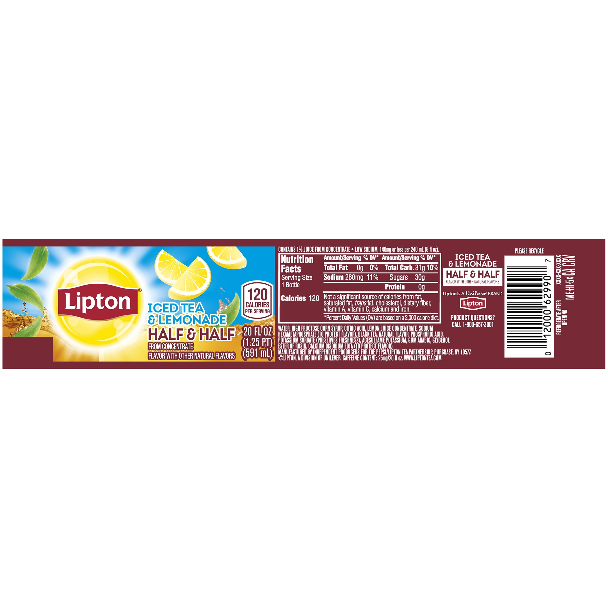 Lipton Half and Half Iced Tea Lemonade Bottle Tea Drink, 20 fl oz Bottle