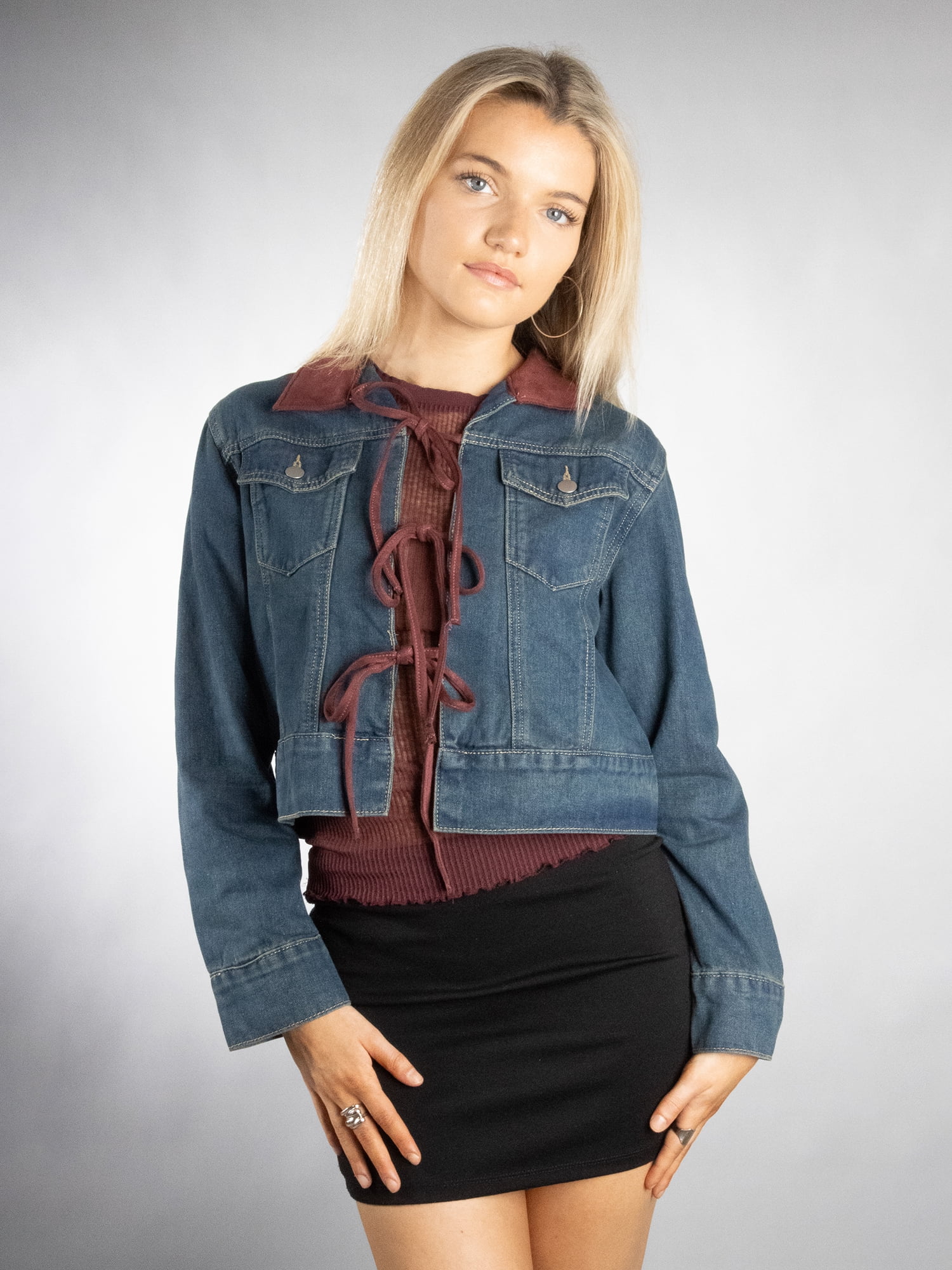 DARING DIVA Women's Stylish Triple Tie Denim Jacket M Green Wash Burgundy