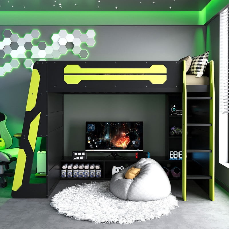 Twin Size Gaming Loft Bed with Desk and RGB LED Light, Wooden Loft Bed Frame with Workstation and Storage Shelves for Bedroom, Dorm Room