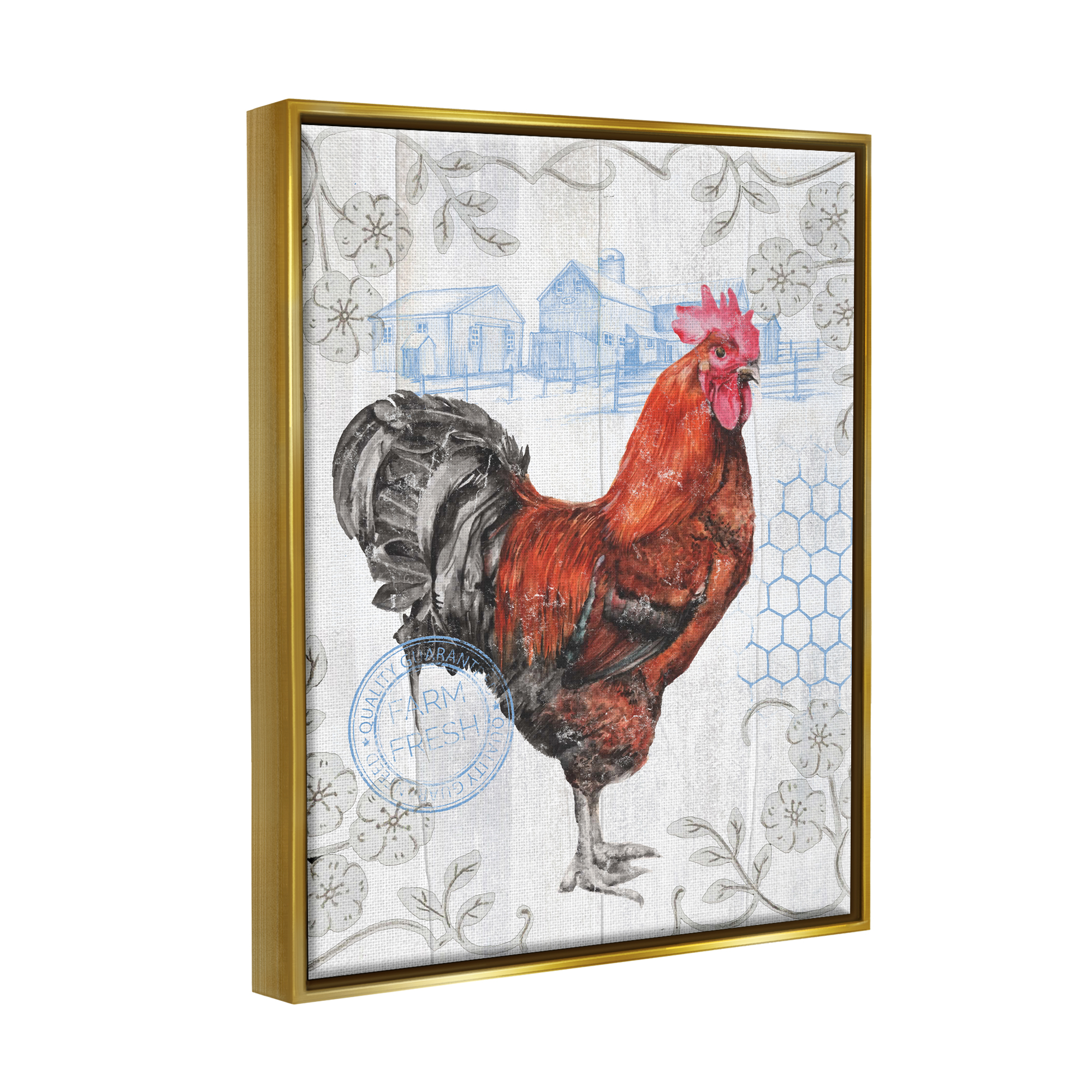 Stupell Industries Rustic Farmhouse Rooster Animals & Insects Painting Gold Floater Framed Canvas Art Print Wall Art, 25 x 31