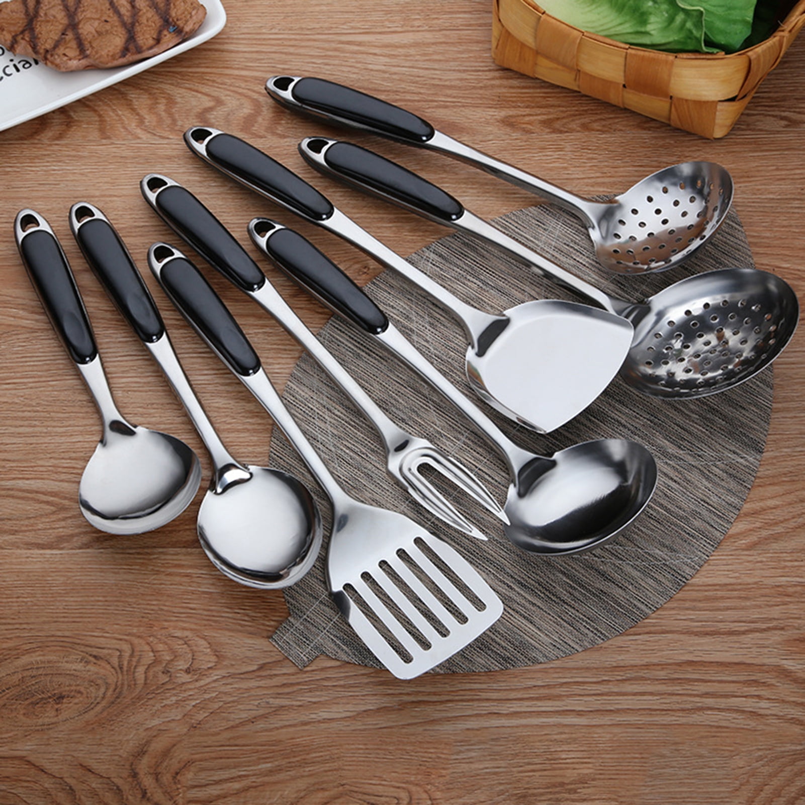 Soup Ladle Hangable Kitchenware mDesign Set of 6 Stainless Steel and Nylon Kitchen Accessories Serving Spoon Kitchen Utensil Set with Spatula Slotted Spoon and Spaghetti Scoop Grey/Silver