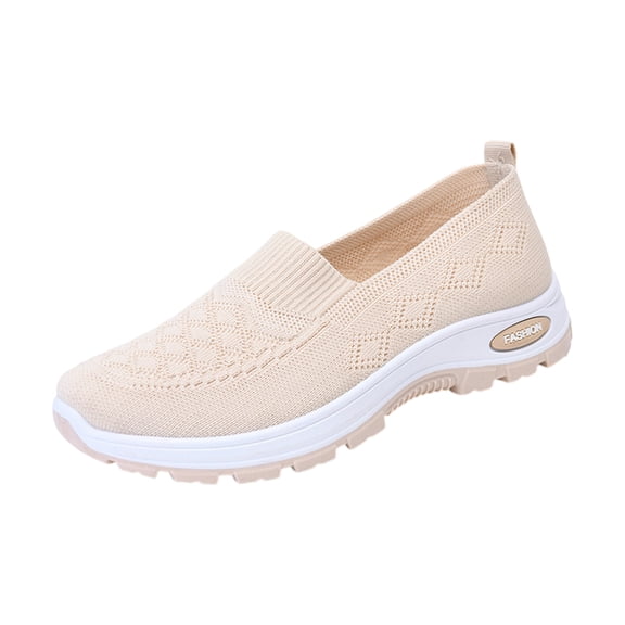 longantii Women's Slip On Casual Walking Shoes Breathable Knit Non Slip Comfortable Lightweight Sneakers Beige