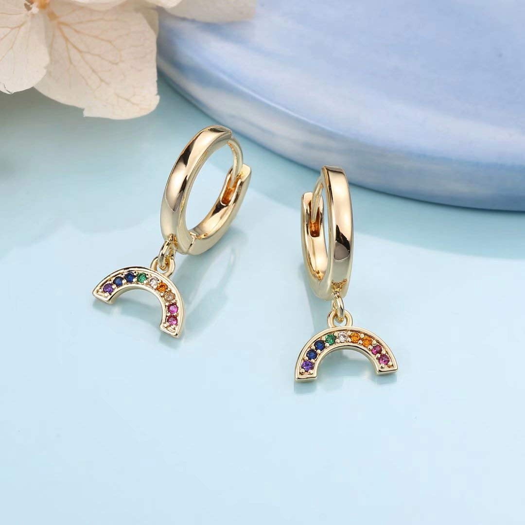 Turandoss Rainbow Huggie Hoop Earrings for Women 14K Gold Plated Dainty Colorful Cubic Zirconia Dangle Hypoallergenic Jewelry Gifts for Women Girls