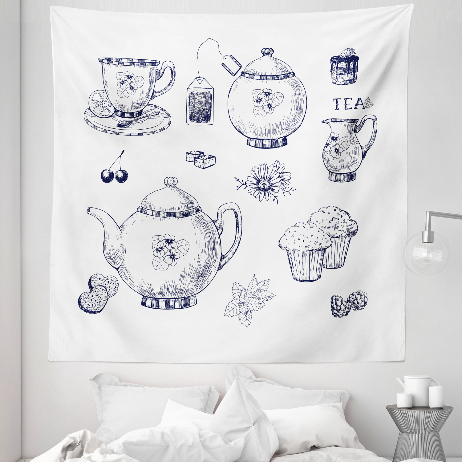 Blue and White Tapestry, Hand Drawn Teapots and Cups Muffins and Bags ...