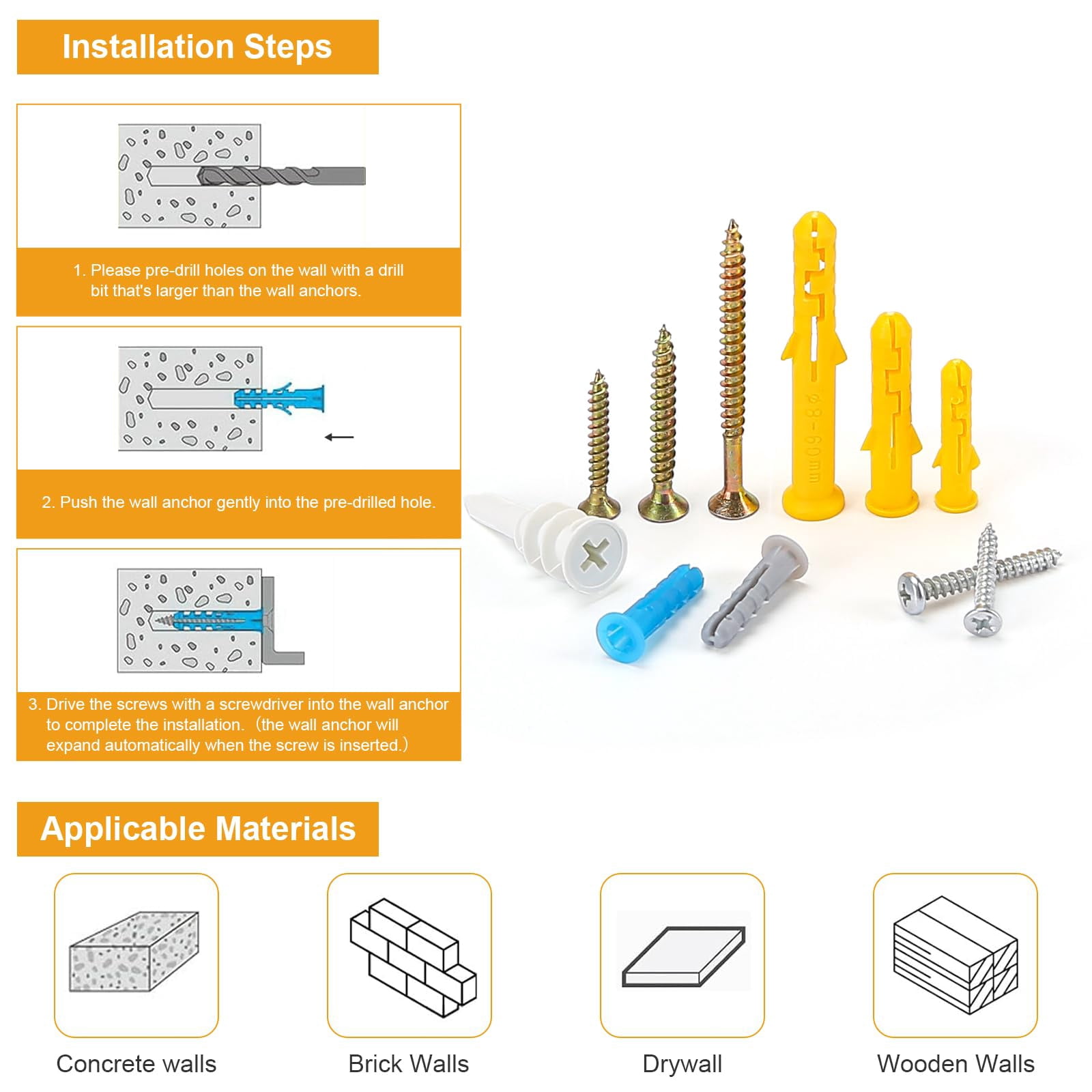 100PCS Self Drilling Drywall Anchors and Screws kit,Heavy Duty #8 x 1-1/4”Wall Anchors for Drywall Holds Upto 80lbs, No Drill Hole Required with Dry Wall Screws and Anchors,Wall Anchors for Drywall