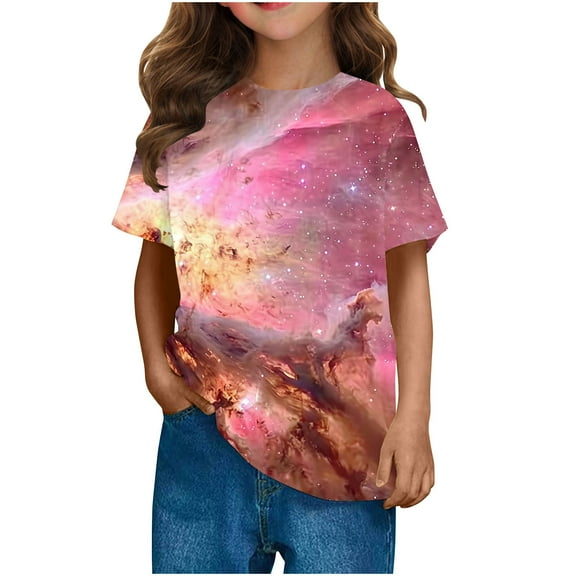 Kids Space Galaxies T Shirts Short Sleeve 3D Graphic Tees Shirts Funny Crew Neck T-Shirts Neon Novelty Clothes Pink， 5 Years
