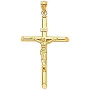 Solid 14K Yellow Gold Crucifix Pendant - Jesus Engraved in Tubular Catholic Cross Charm - High Polished Religious Symbol - Gold Stamped Fine Jewelry for Men & Women, 56 x 37 mm, 3.4 GMS