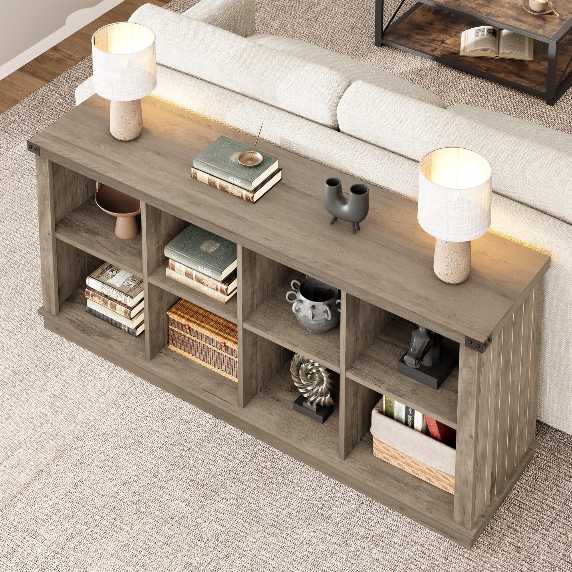 Ataucjin 8 Cube Storage Organizer Bookshelf,3 Tier Farmhouse Horizontal Bookcase,62 Inch Wood Storage Bookcase for Entryway, Long Low Bookshelves for Living Room