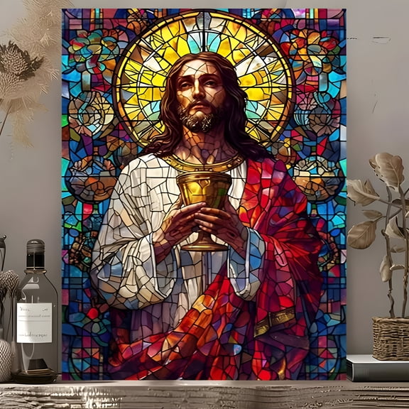 Stained Glass Jesus Christ Poster Religious Wall Art Print Modern Vintage Vibrant Colors for Home Office Bedroom Kitchen Living Room Gift, UNFRAMED 8x12