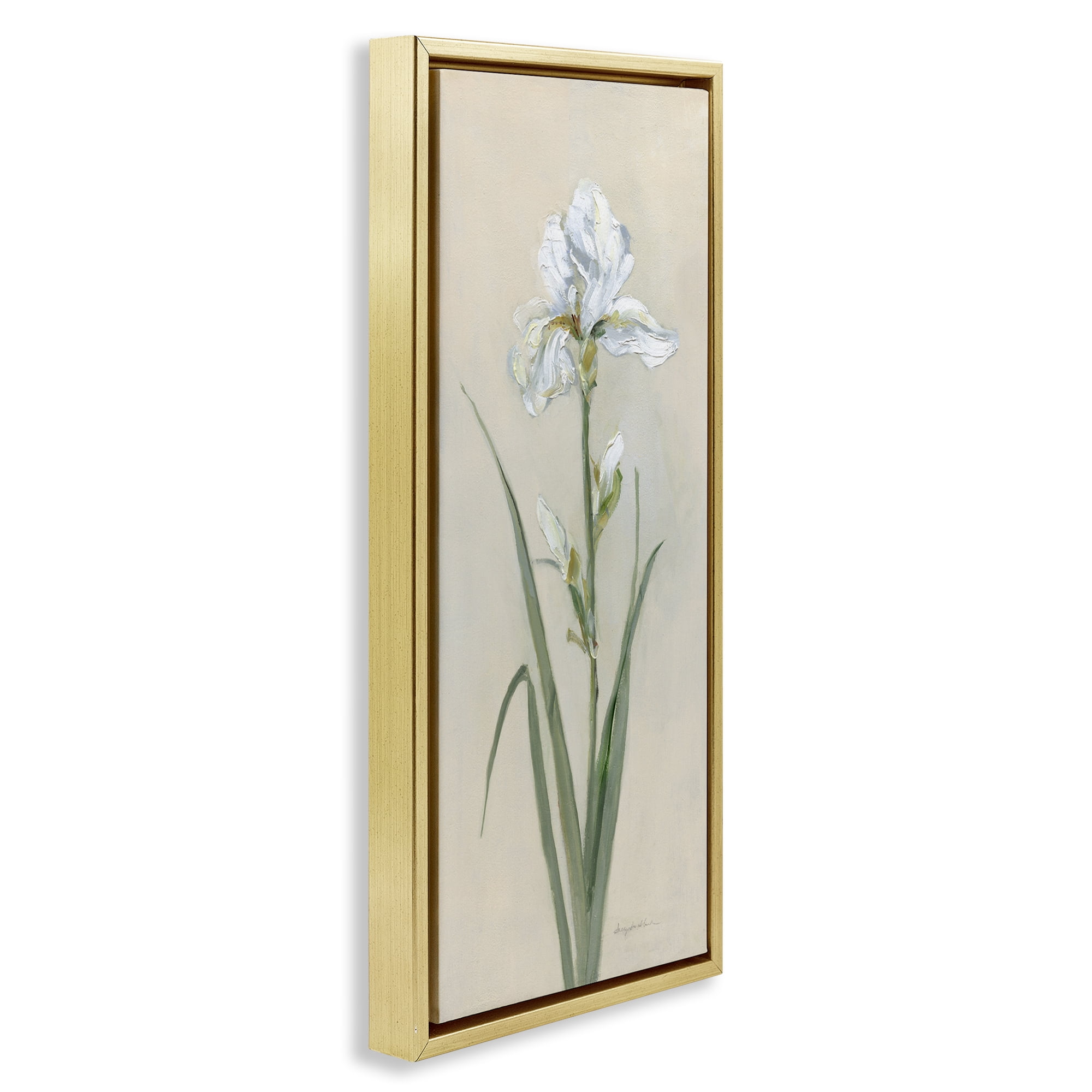 Stupell Industries White Iris on Beige Plants & Flowers Painting Gold Floater Framed Canvas Art Print Wall Art, 11 x 25