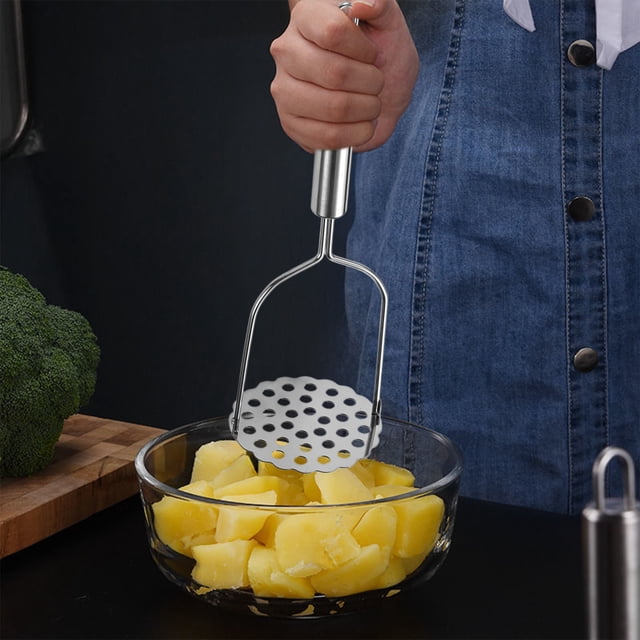 Machacador de patatas de acero inoxidable, 3 tamaños disponibles, prensa manual, utensilio de cocina para machacar verduras, 1 unidad, 26 x 8,5 cm, plateado Rkxzt