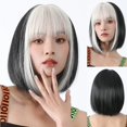 thumbnail image 2 of Pelucas sintéticas cortas y rectas para mujer, pelo Natural con flequillo, resistente al calor, uso diario, Cosplay, negro, blanco mixto, 2 of 4